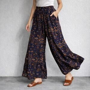Forever 21 Boho Wide Leg Pants Navy Floral High Waist Festival Resort Sz XS
